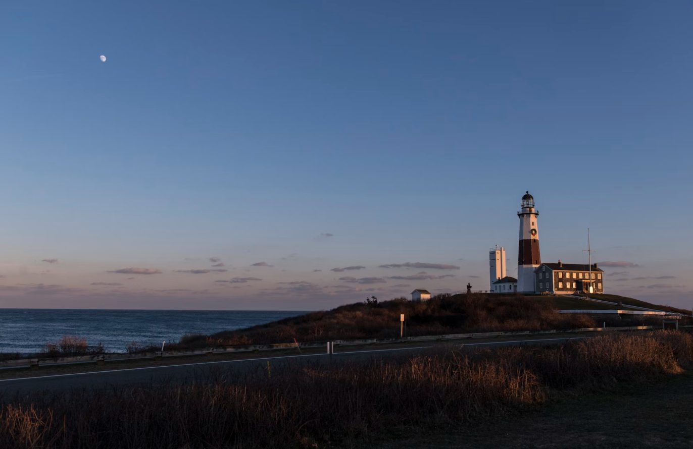 Montauk Point Lighthouse at dusk on the eastern tip of Long Island